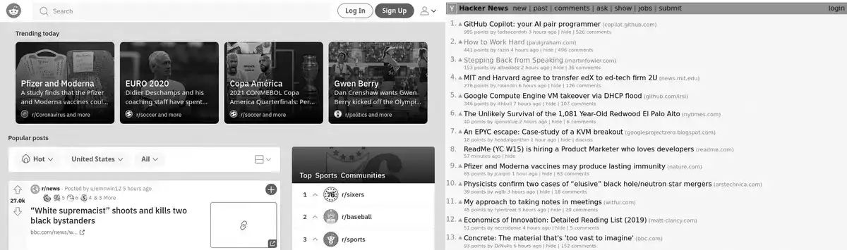Screenshot of the Reddit vs HackerNews homepages